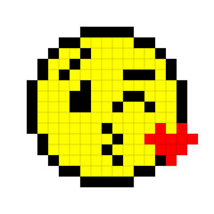 Pixel art smile kissing. sticker with shadow.
