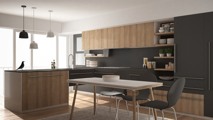 Modern minimalistic wooden kitchen with dining table, carpet and panoramic window, white and gray architecture interior design