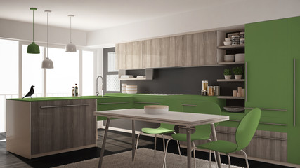 Modern minimalistic wooden kitchen with dining table, carpet and panoramic window, gray and green architecture interior design
