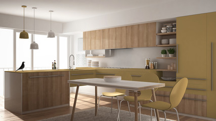 Modern minimalistic wooden kitchen with dining table, carpet and panoramic window, white and yellow architecture interior design