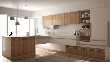 Modern minimalistic wooden kitchen with parquet floor, carpet and panoramic window, white architecture interior design