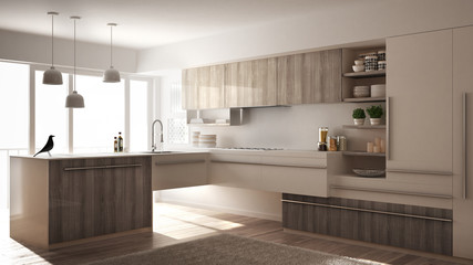 Modern minimalistic wooden kitchen with parquet floor, carpet and panoramic window, white architecture interior design