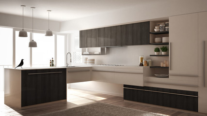 Modern minimalistic wooden kitchen with parquet floor, carpet and panoramic window, white and gray architecture interior design