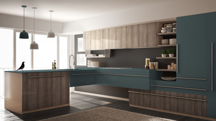 Modern minimalistic wooden kitchen with parquet floor, carpet and panoramic window, gray and blue architecture interior design