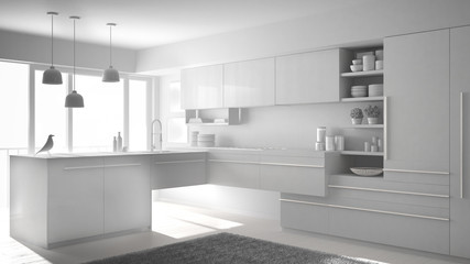 Total white project of modern minimalistic kitchen with island, carpet and panoramic window, architecture interior design