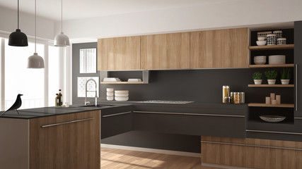 Modern minimalistic wooden kitchen with parquet floor, carpet and panoramic window, white and gray architecture interior design