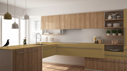 Fototapeta na wymiar Modern minimalistic wooden kitchen with parquet floor, carpet and panoramic window, white and yellow architecture interior design