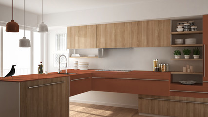 Modern minimalistic wooden kitchen with parquet floor, carpet and panoramic window, white and red architecture interior design