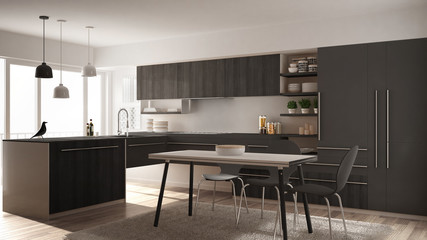 Modern minimalistic wooden kitchen with dining table, carpet and panoramic window, white and gray architecture interior design