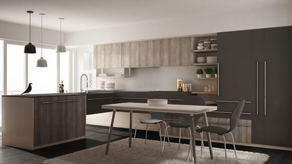 Modern minimalistic wooden kitchen with dining table, carpet and panoramic window, white and gray architecture interior design