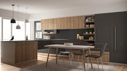 Modern minimalistic wooden kitchen with dining table, carpet and panoramic window, white and gray architecture interior design