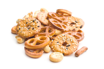 Mixed salty snack crackers and pretzels.