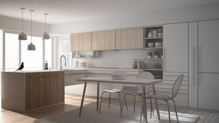 Unfinished project of modern minimalistic kitchen with dining table, carpet and panoramic window, architecture interior design