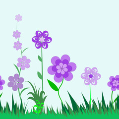 Naklejka premium Wektor kwiatowy wzór ozdobny bez szwu orientacji poziomej, rysunek na tapetę dla dzieci, ozdobne stylizowane kwiaty na zielonej trawie. Jasnoniebieskie tło, rysowanie do aplikacji, kolorowanie