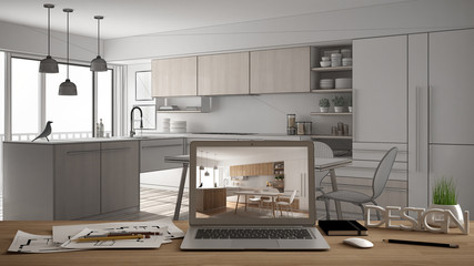 Architect designer desktop concept, laptop on wooden work desk with screen showing interior design project, blueprint CAD sketch in the background, modern kitchen idea template