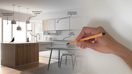 Architect interior designer concept: hand drawing a design interior project and writing notes, while the space becomes real, white wooden modern kitchen