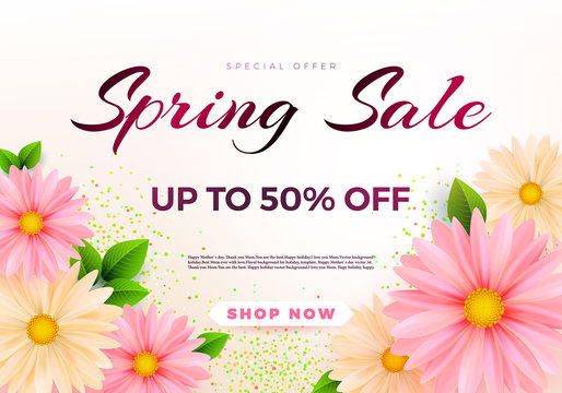Spring sale s banner template with paper flower on colorful backgruond illustration.