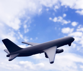 plane taking off in white clouds close-up.