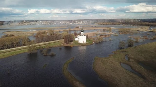 Church of the Intercession on the Nerl. Vladimir region, Russia. Aerial view spring landscape