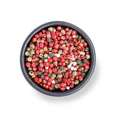 Pepper mix. Black, red and white peppercorns isolated on white.