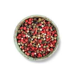 Pepper mix. Black, red and white peppercorns isolated on white.
