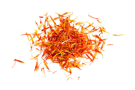 Dried saffron spice isolated on white background. top view.