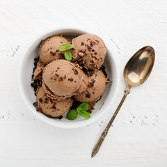 Chocolate ice cream on white wooden background. top view.