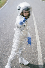 Fototapeta premium Little boy happy playing to become an astronaut