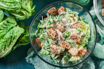 Healthy caesar salad with cheese and croutons