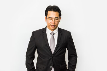 Young businessmen make gestures on a white background.