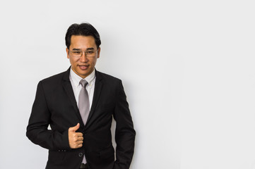 Young businessmen make gestures on a white background.