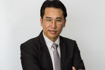 Young businessmen make gestures on a white background.