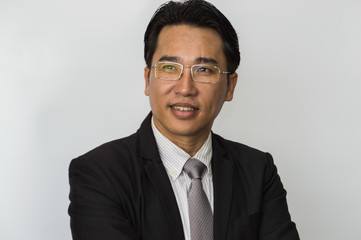 Young businessmen make gestures on a white background.