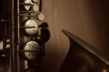 close-up of a old saxophone