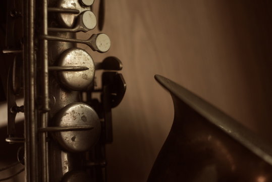 close-up of a old saxophone