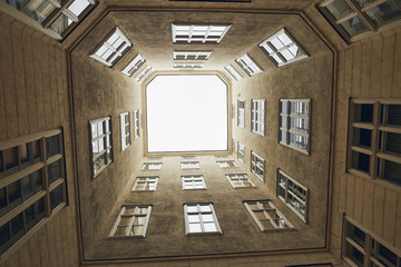 Vienna, Austria - 15 April 2018: a patio of a multi-apartment house.