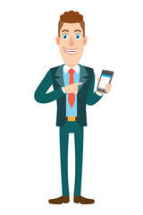 Businessman pointing at mobile phone in his hand