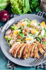 Healthy caesar salad with chicken, eggs and croutons