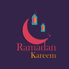 Hand-drawn Illustration of Ramadan lanterns with lights, Crescent on a purple background with Ramadan Kareem greeting text.