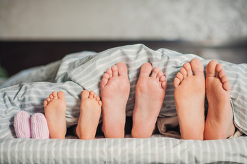 Feet of father, mother and child lying in bed under white sheet