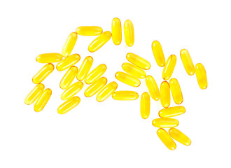 Capsules Omega 3 on white background. Top view.