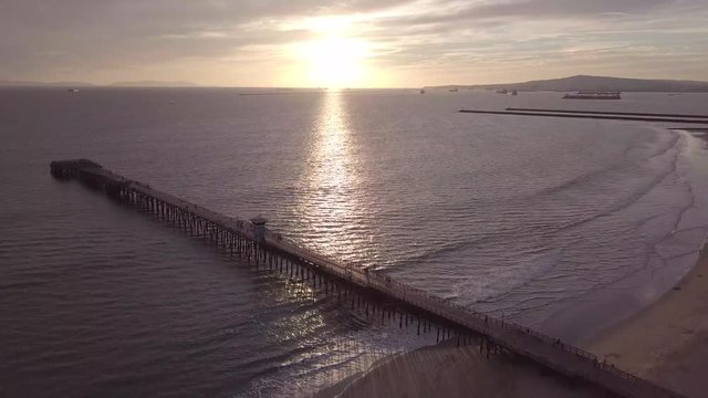 Seal Beach Drone  pier sunset descending