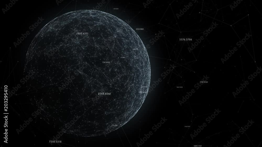 Poster cyberspace network sphere with numbers, lines and dots motion on dark background.