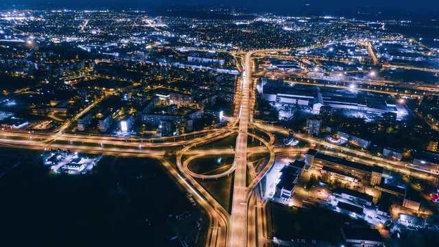 Timelapse City Bridge Viaduct Night Riga Drone, cars road traffic, Drone shot, town in motion