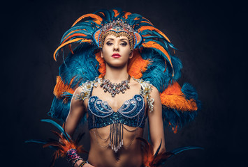 Studio portrait of a sexy female in a colorful sumptuous carnival feather suit. Isolated on a dark...