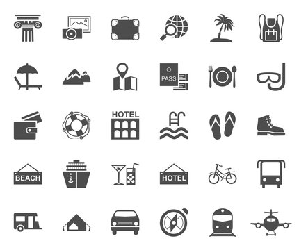 Travel, vacation, tourism, leisure, monochrome icons, flat. Different types of recreation and ways to travel. Grey images on a white background. Vector.  