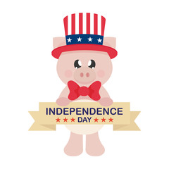 4 july cartoon cute pig in hat with a sign vector