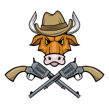 images of a bull in a cowboy hat and guns. Cartoon picture of the wild west. Cowboy Concept. Vector graphics to design.