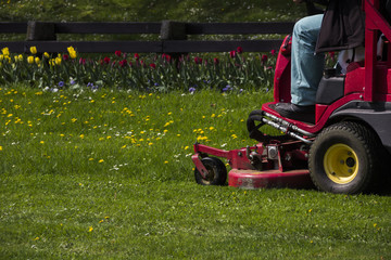 Closeup of a riding landscaper on the lawn mower cutting the grass