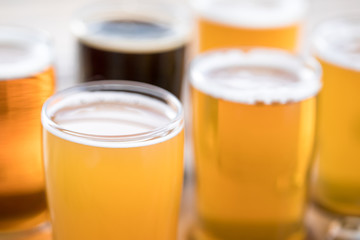 Close up on a flight of craft beer